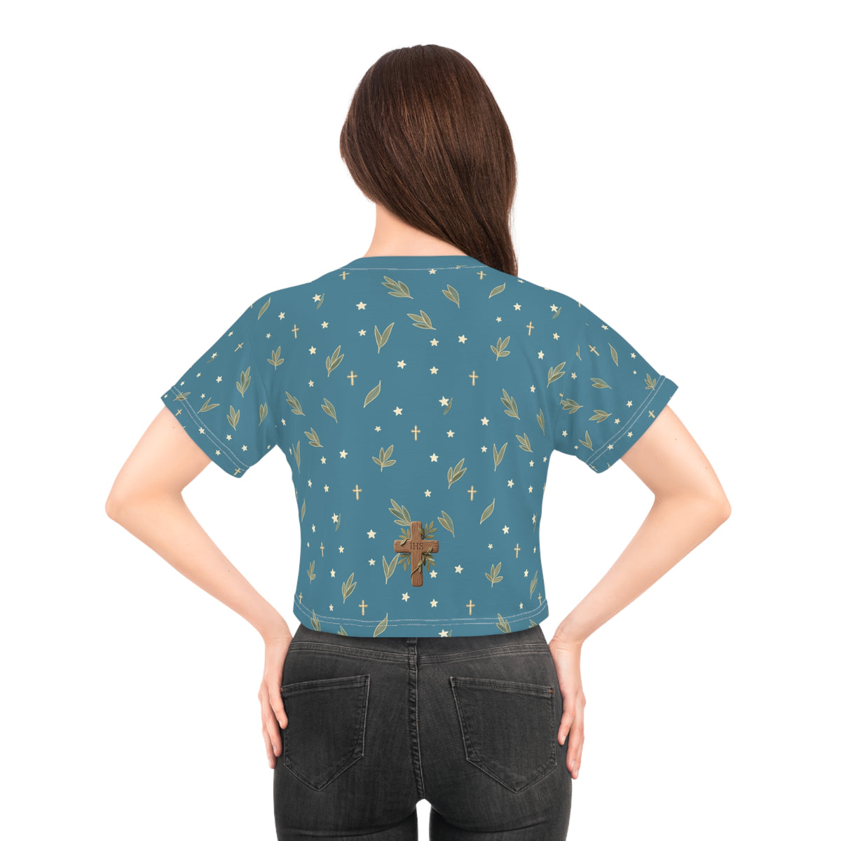 Crop Tee — Wood Cross "IHS" Olive Pattern