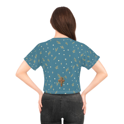 Crop Tee — Wood Cross "IHS" Olive Pattern