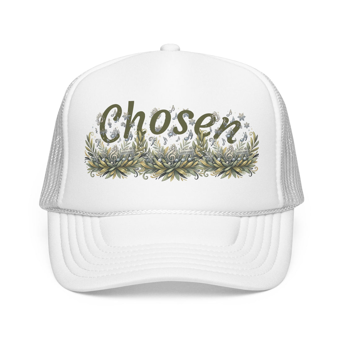 "Chosen" Floral Script Embroidered Trucker Hat — Adjustable Foam Cap