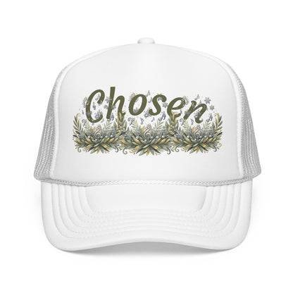 "Chosen" Floral Script Embroidered Trucker Hat — Adjustable Foam Cap