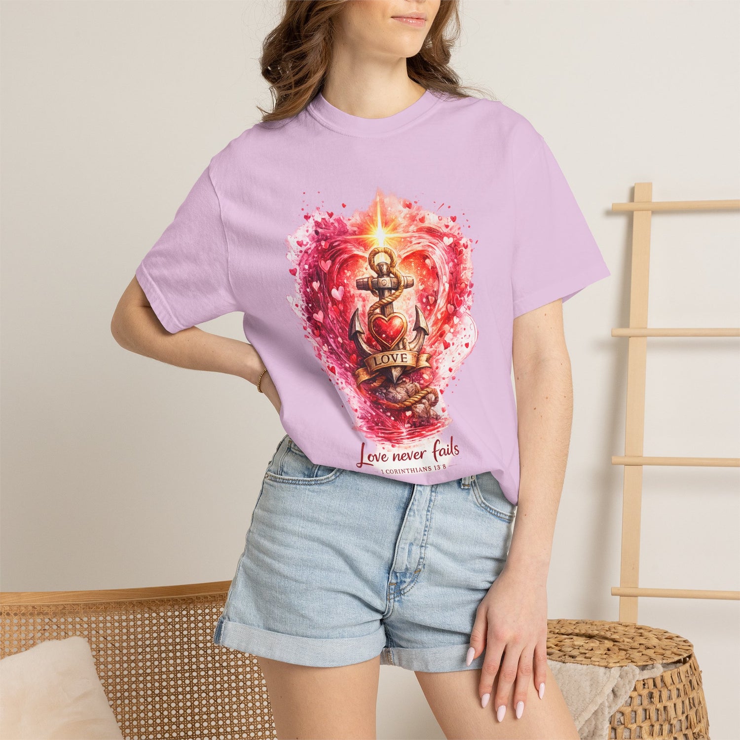 "Love Never Fails" Anchor Heart Graphic Tee — Unisex Cotton T-Shirt