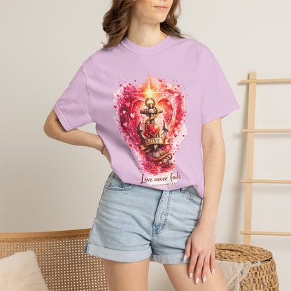 "Love Never Fails" Anchor Heart Graphic Tee — Unisex Cotton T-Shirt
