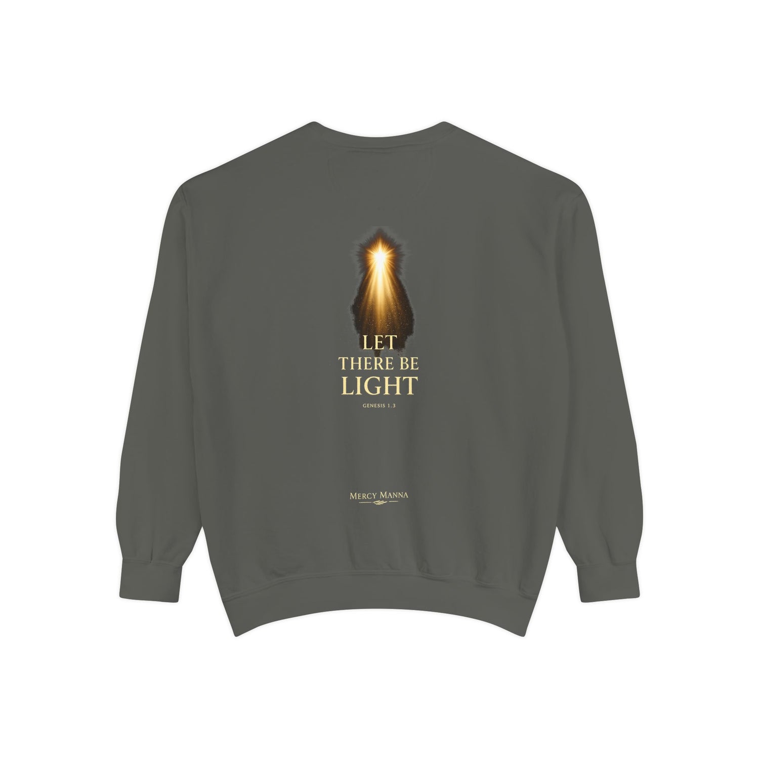 "Let There Be Light" Genesis 1:3 Graphic Crewneck Sweatshirt — Unisex Cozy Fleece Pullover
