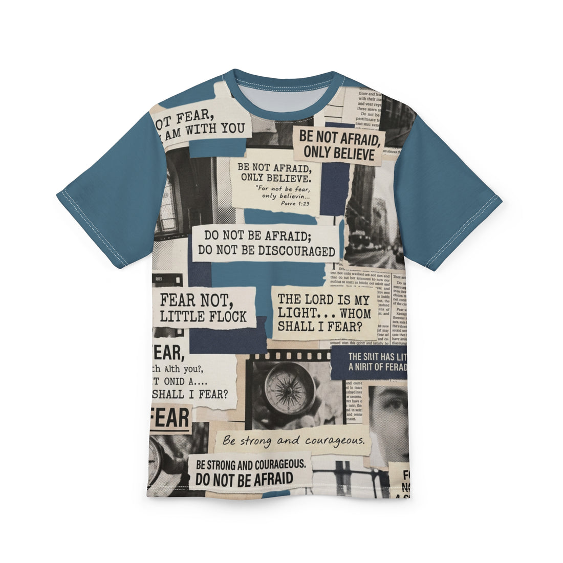"Do Not Be Afraid" Scripture Collage All-Over Print Tee — Unisex Graphic T-Shirt