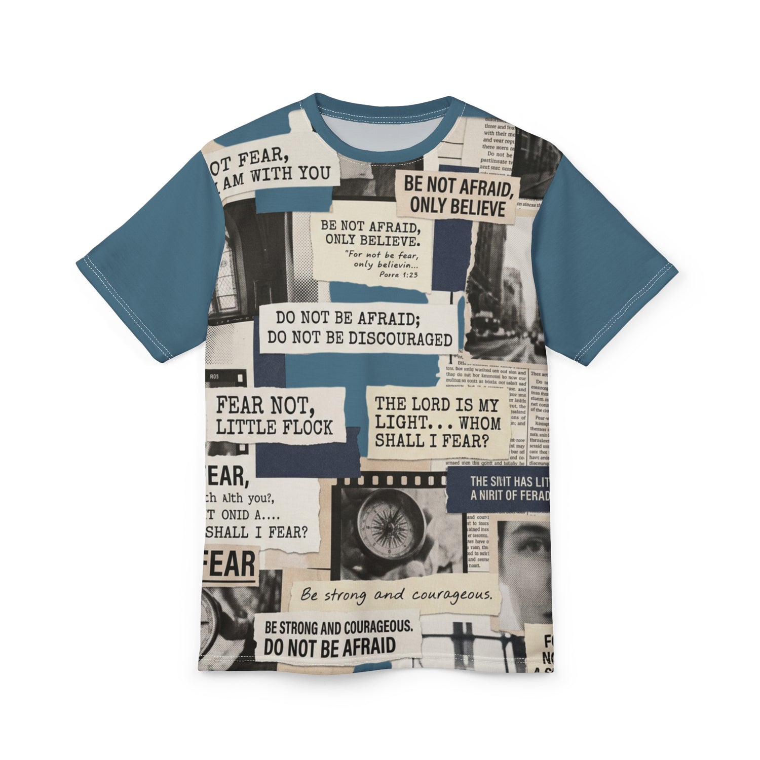 "Do Not Be Afraid" Scripture Collage All-Over Print Tee — Unisex Graphic T-Shirt