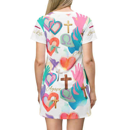 "Love is Life" Cross, Dove &amp; Heart All-Over Print T-Shirt Dress — Women&