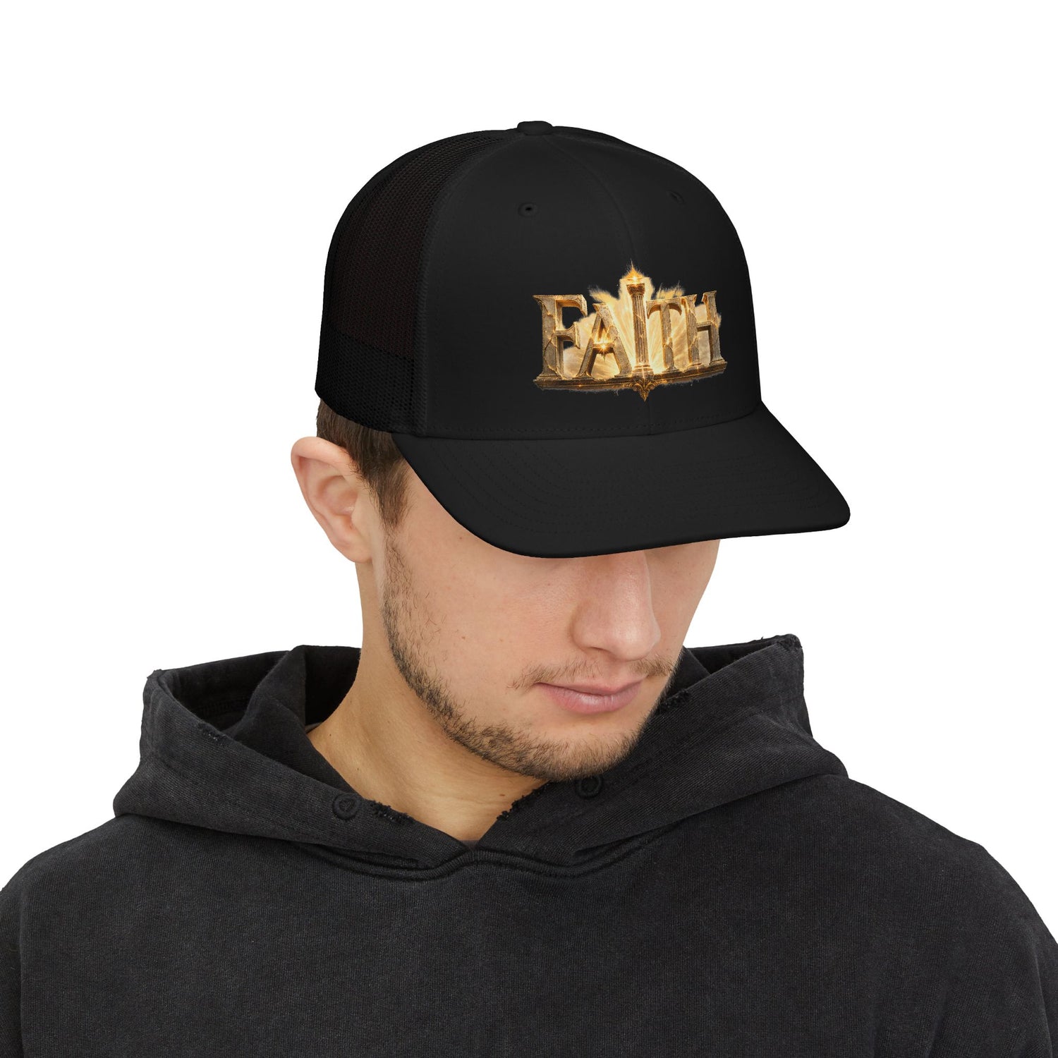 "Faith" Gold Embossed Trucker Cap — Adjustable Snapback Hat