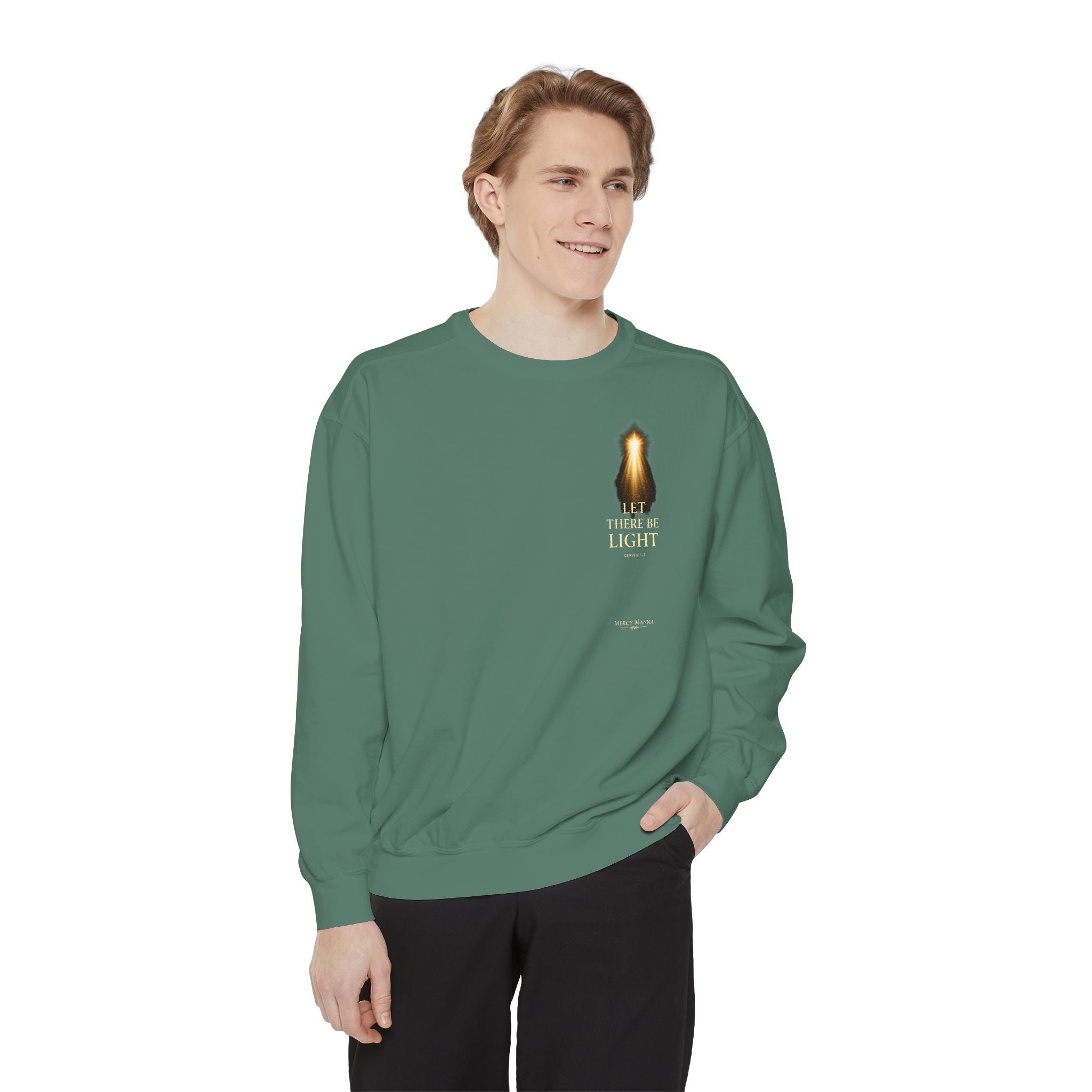 Christian Crewneck Sweatshirt — "Let There Be Light" Cozy Religious Light Figurine Sweatshirt