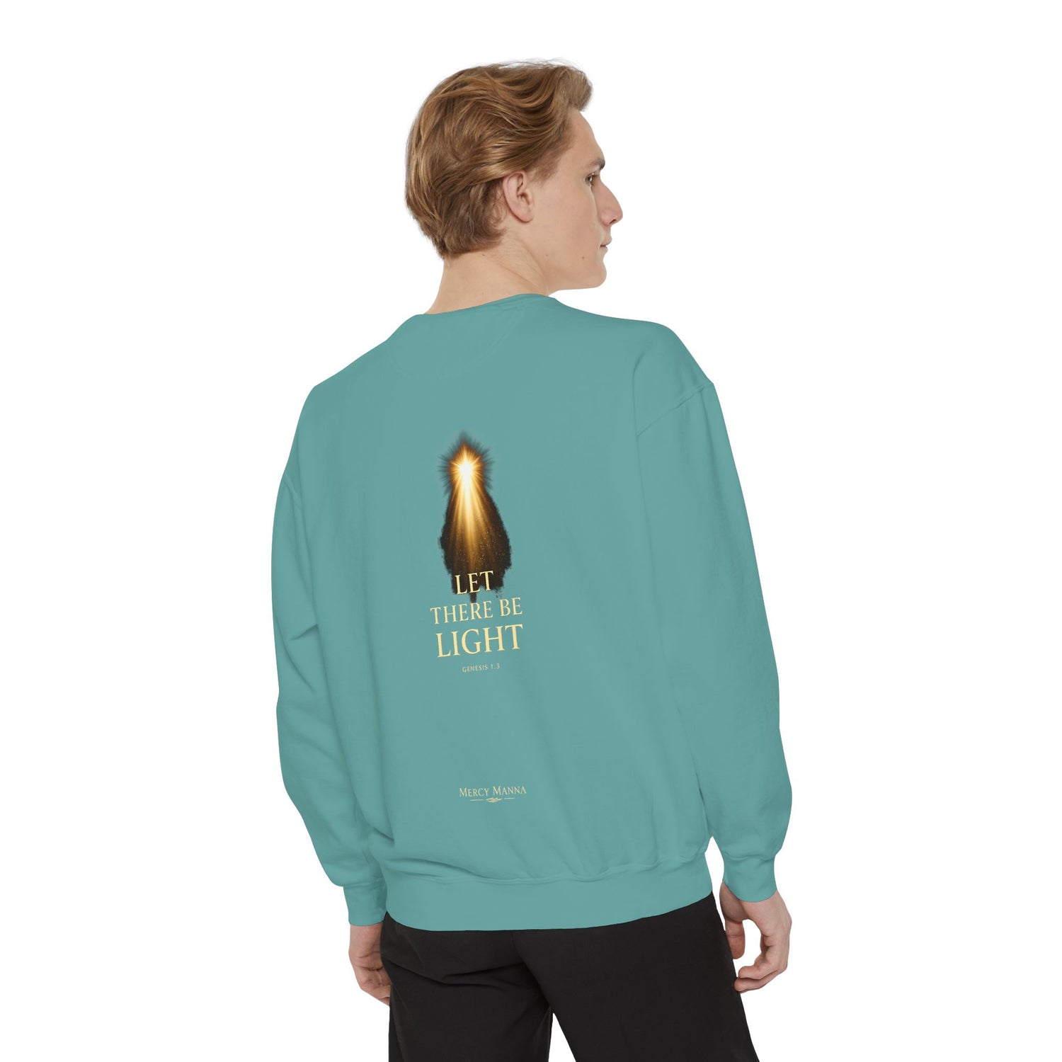 "Let There Be Light" Genesis 1:3 Graphic Crewneck Sweatshirt — Unisex Cozy Fleece Pullover