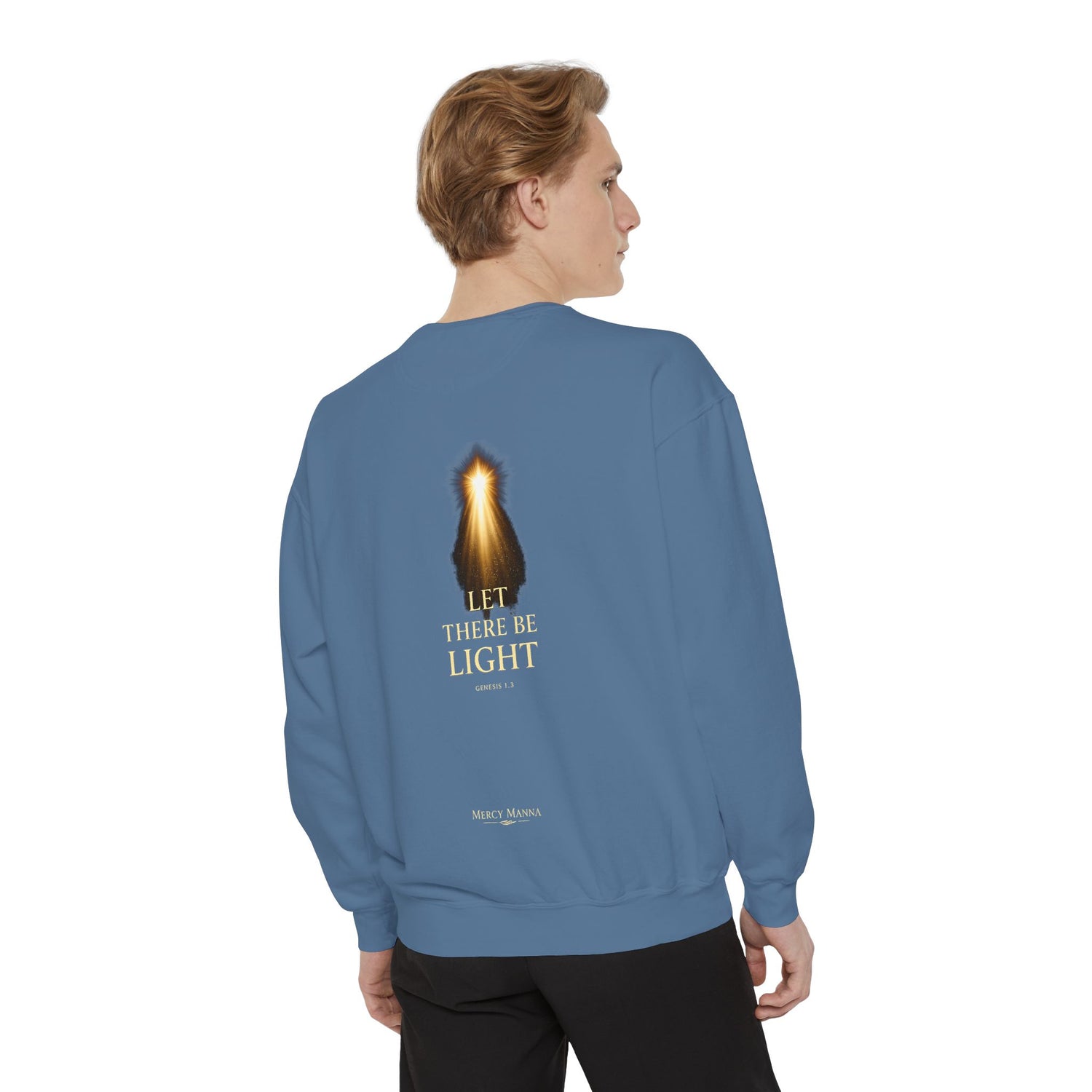 "Let There Be Light" Genesis 1:3 Graphic Crewneck Sweatshirt — Unisex Cozy Fleece Pullover
