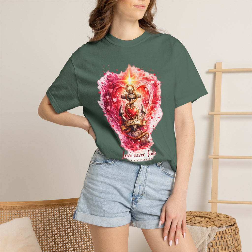 Love Never Fails Graphic Tee — Anchor Heart Print
