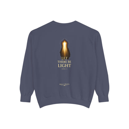 "Let There Be Light" Genesis 1:3 Graphic Crewneck Sweatshirt — Unisex Cozy Fleece Pullover