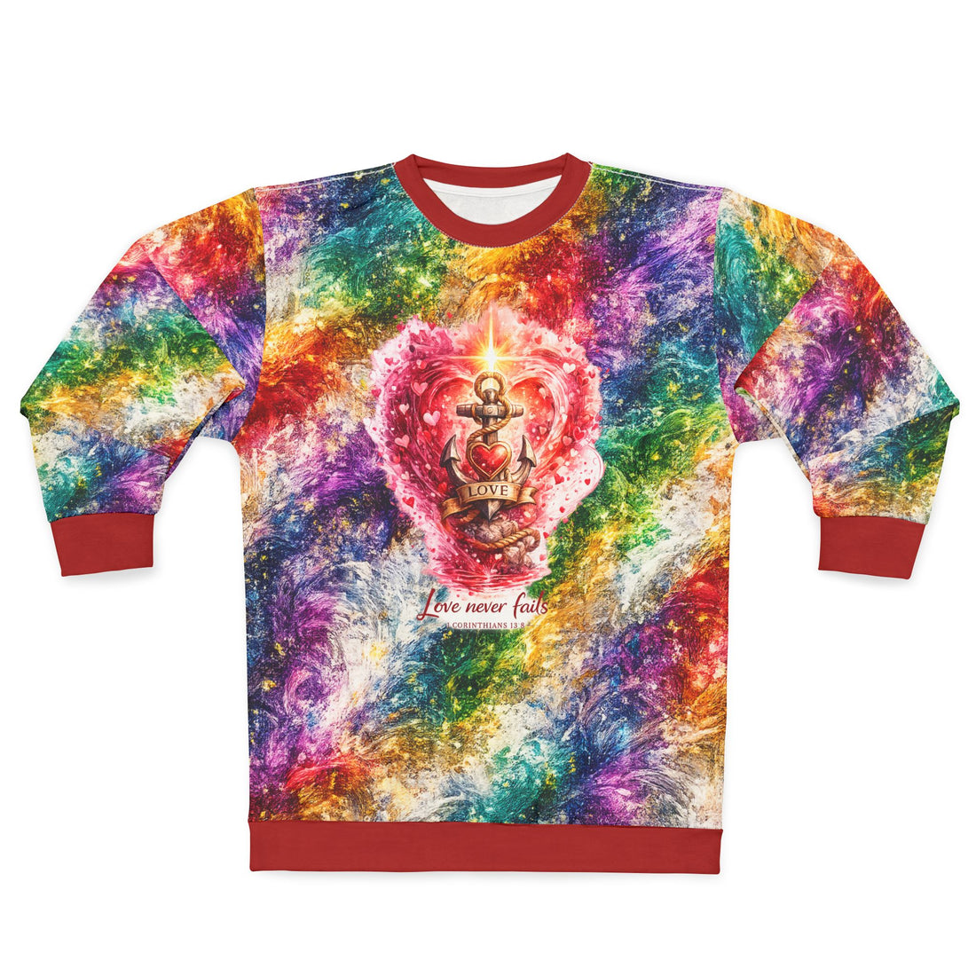Tie-Dye Heart Anchor Sweatshirt — "Love Never Fails" Colorful All-Over Print