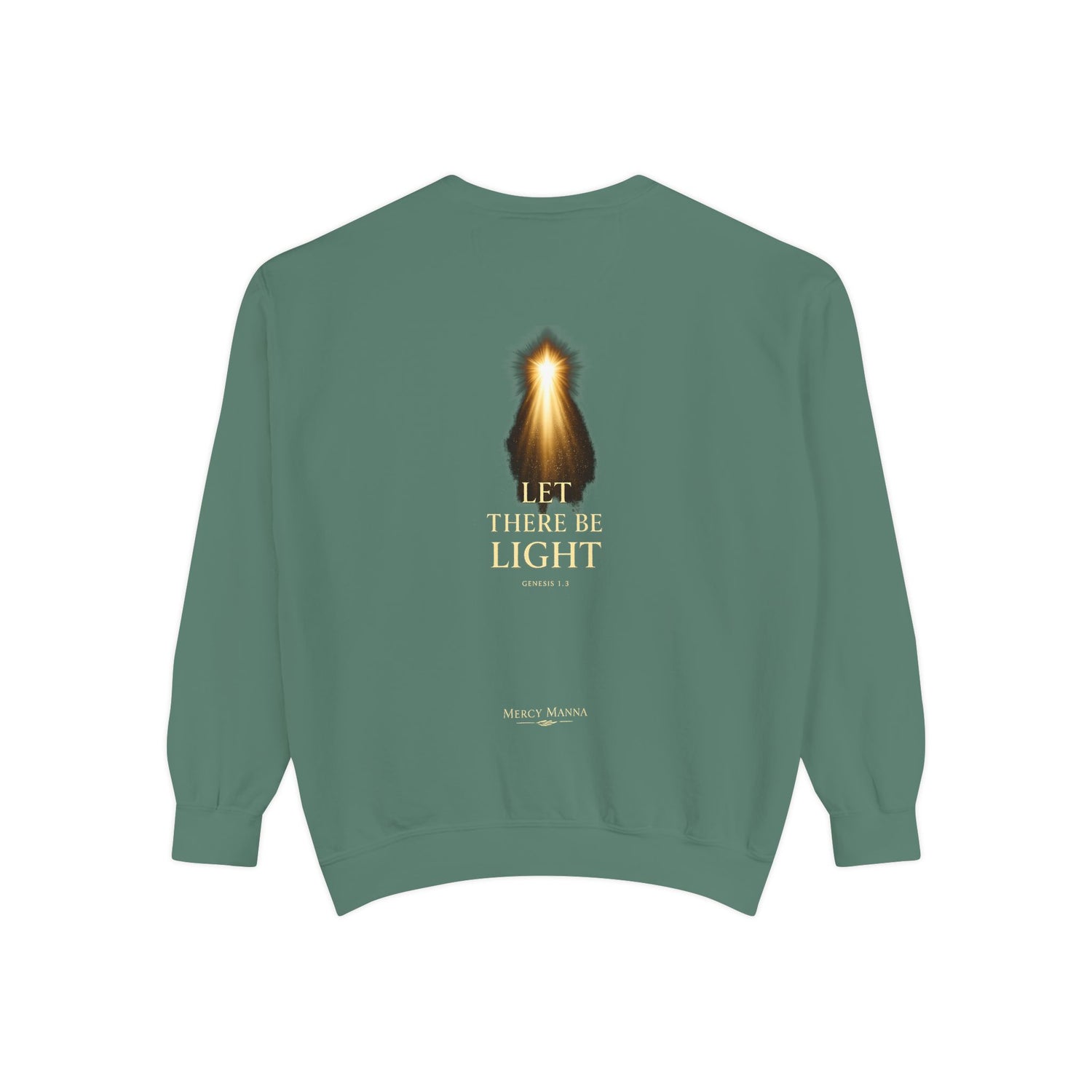 "Let There Be Light" Genesis 1:3 Graphic Crewneck Sweatshirt — Unisex Cozy Fleece Pullover