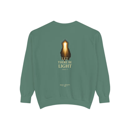 "Let There Be Light" Genesis 1:3 Graphic Crewneck Sweatshirt — Unisex Cozy Fleece Pullover