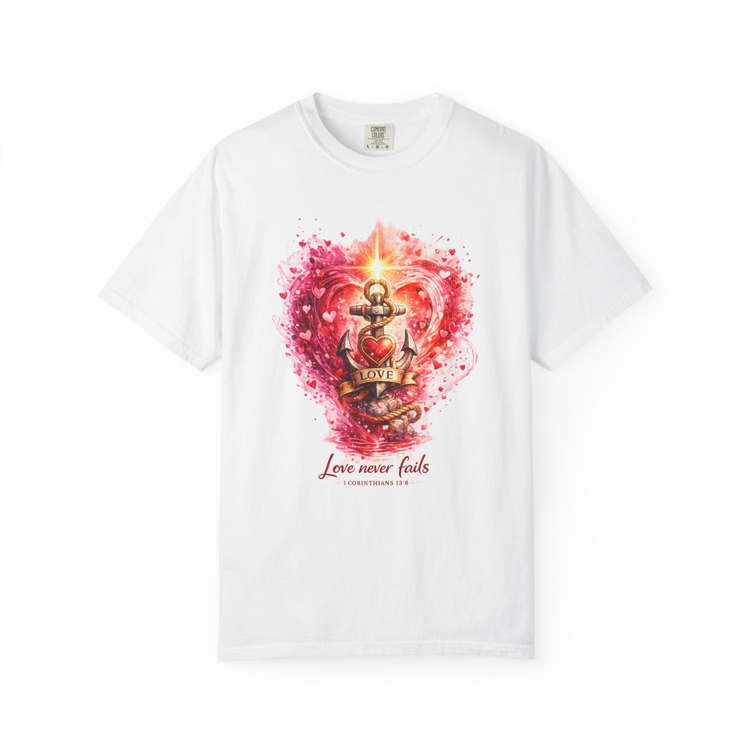"Love Never Fails" Anchor Heart Graphic Tee — Unisex Cotton T-Shirt