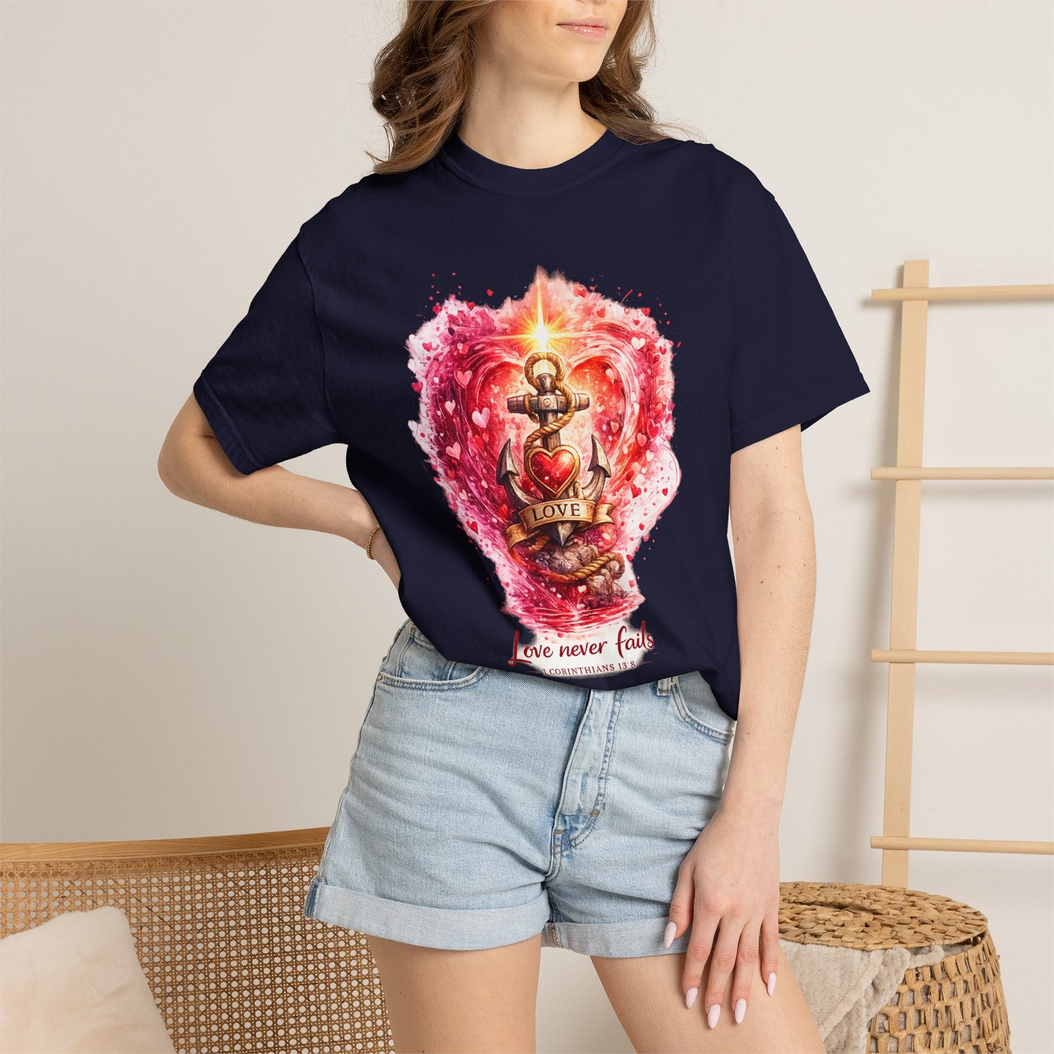 "Love Never Fails" Anchor Heart Graphic Tee — Unisex Cotton T-Shirt