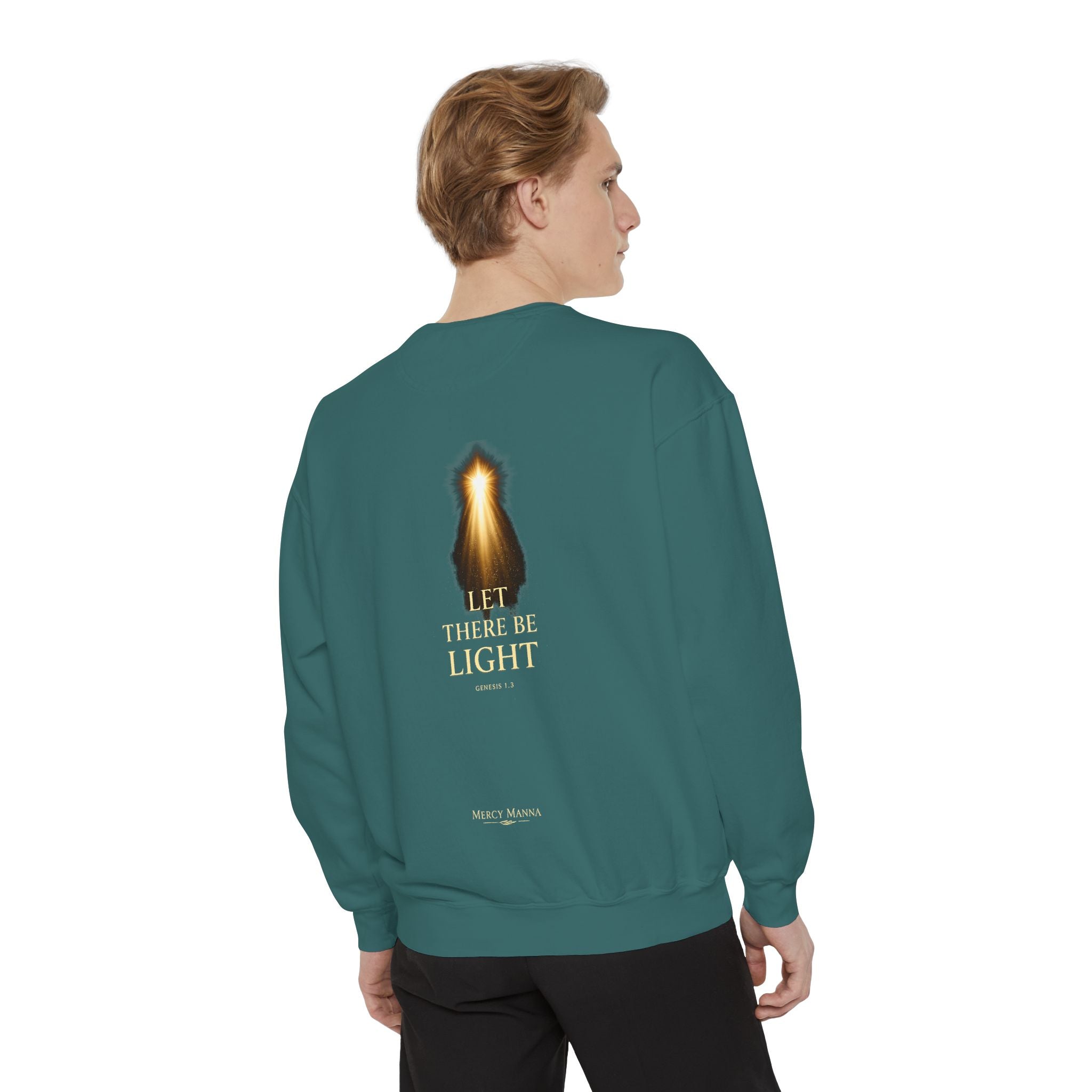 Christian Crewneck Sweatshirt — "Let There Be Light" Cozy Religious Light Figurine Sweatshirt