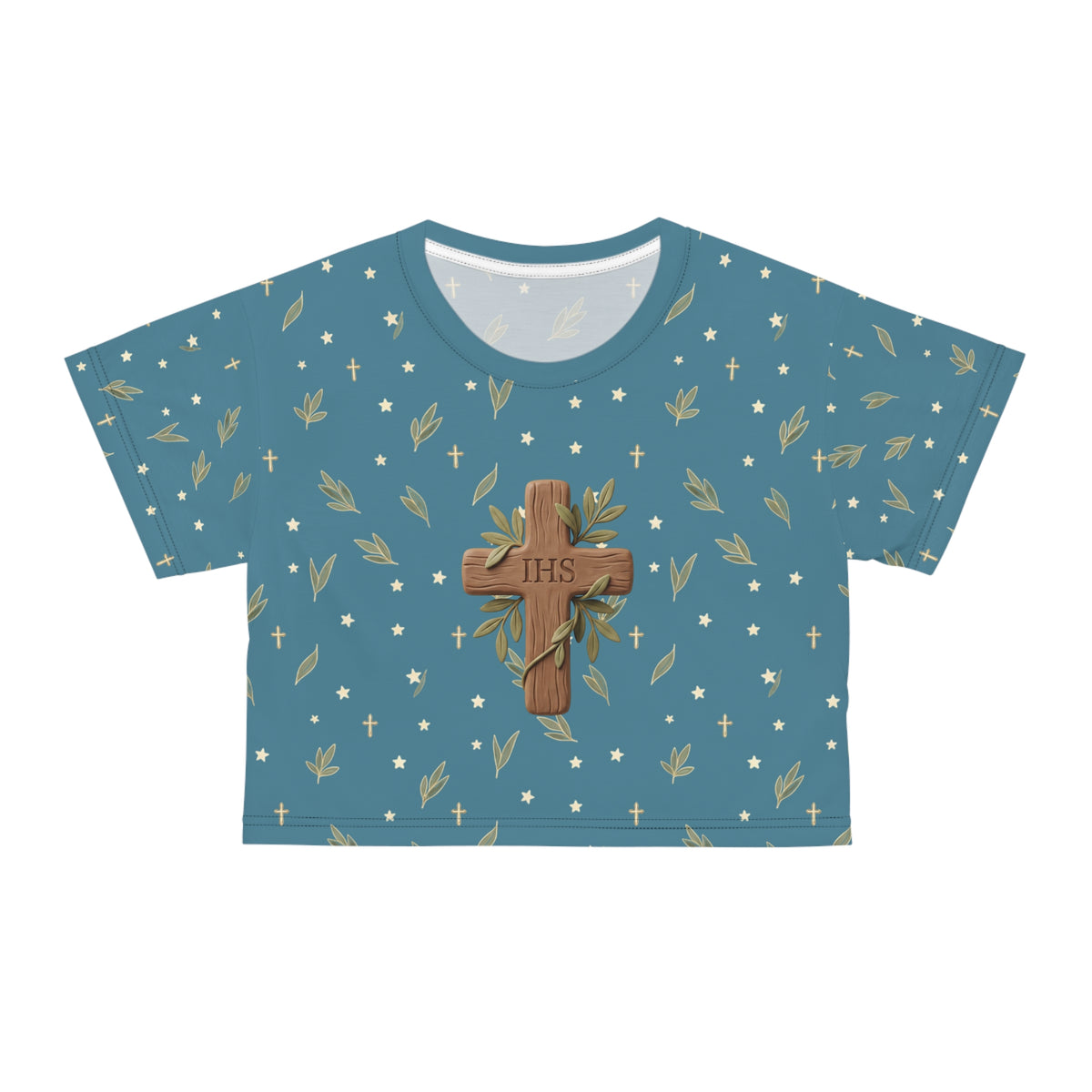 Crop Tee — Wood Cross "IHS" Olive Pattern