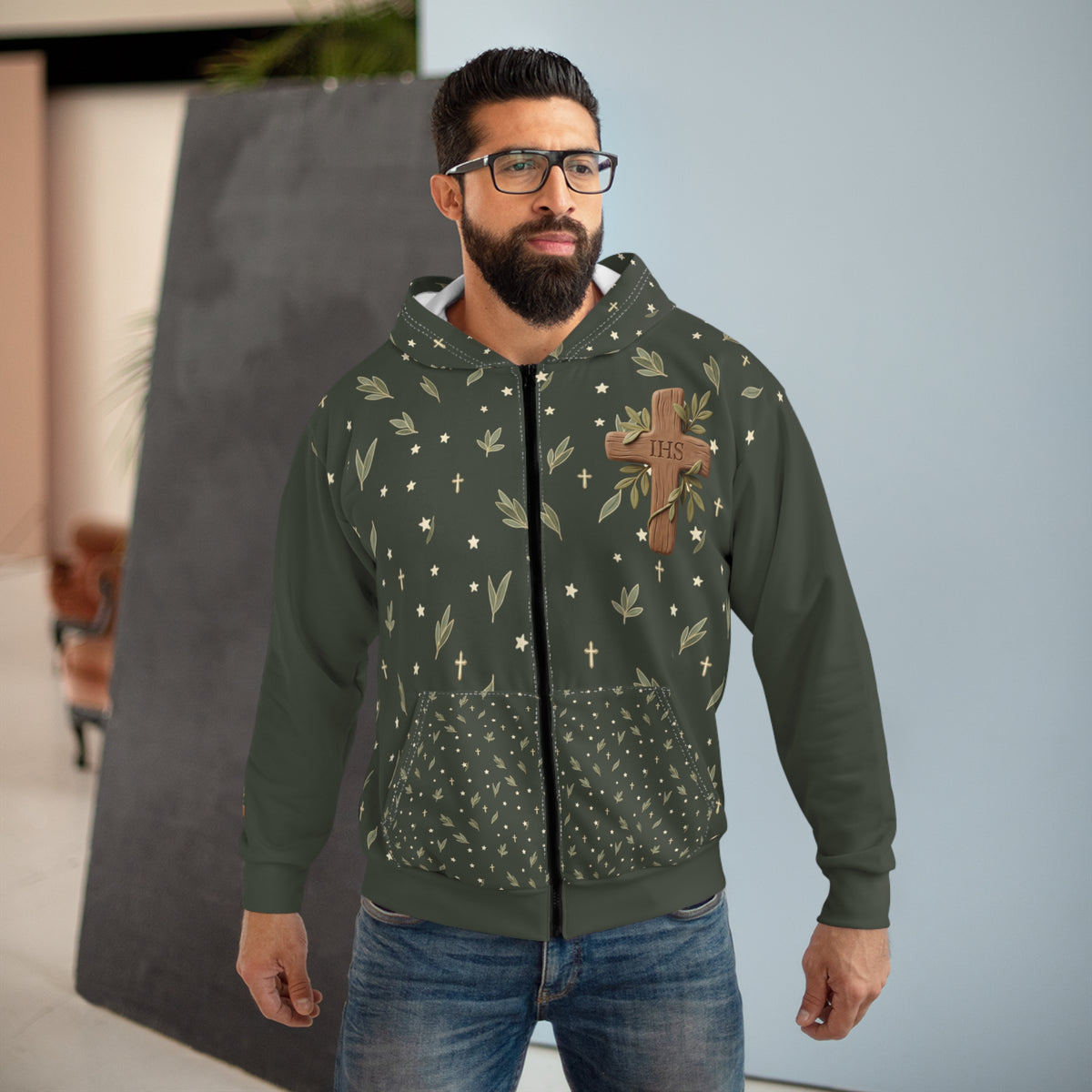Cross All-Over Print Zip Hoodie — Unisex Pullover