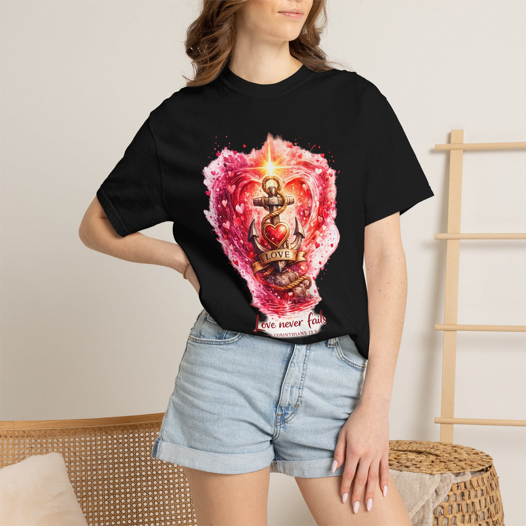 Love Never Fails Graphic Tee — Anchor Heart Print