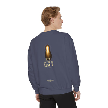 "Let There Be Light" Genesis 1:3 Graphic Crewneck Sweatshirt — Unisex Cozy Fleece Pullover