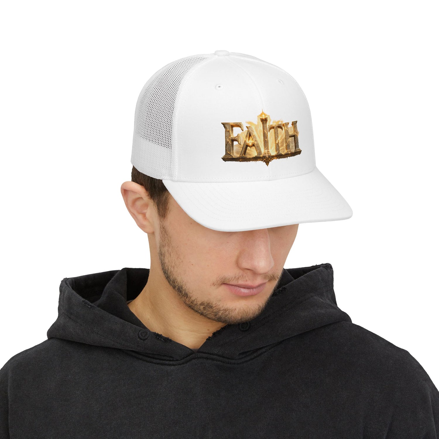 "Faith" Gold Embossed Trucker Cap — Adjustable Snapback Hat