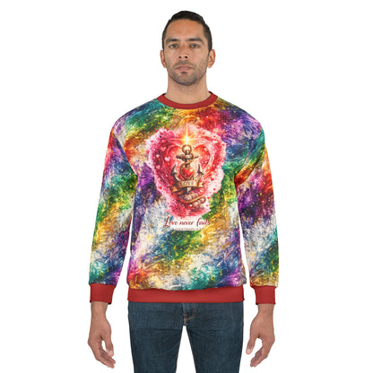 Tie-Dye Heart Anchor Sweatshirt — "Love Never Fails" Colorful All-Over Print