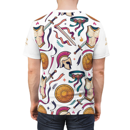 Greek Helmet, Shield &amp; Sword All-Over Print Tee — Unisex Graphic T-Shirt