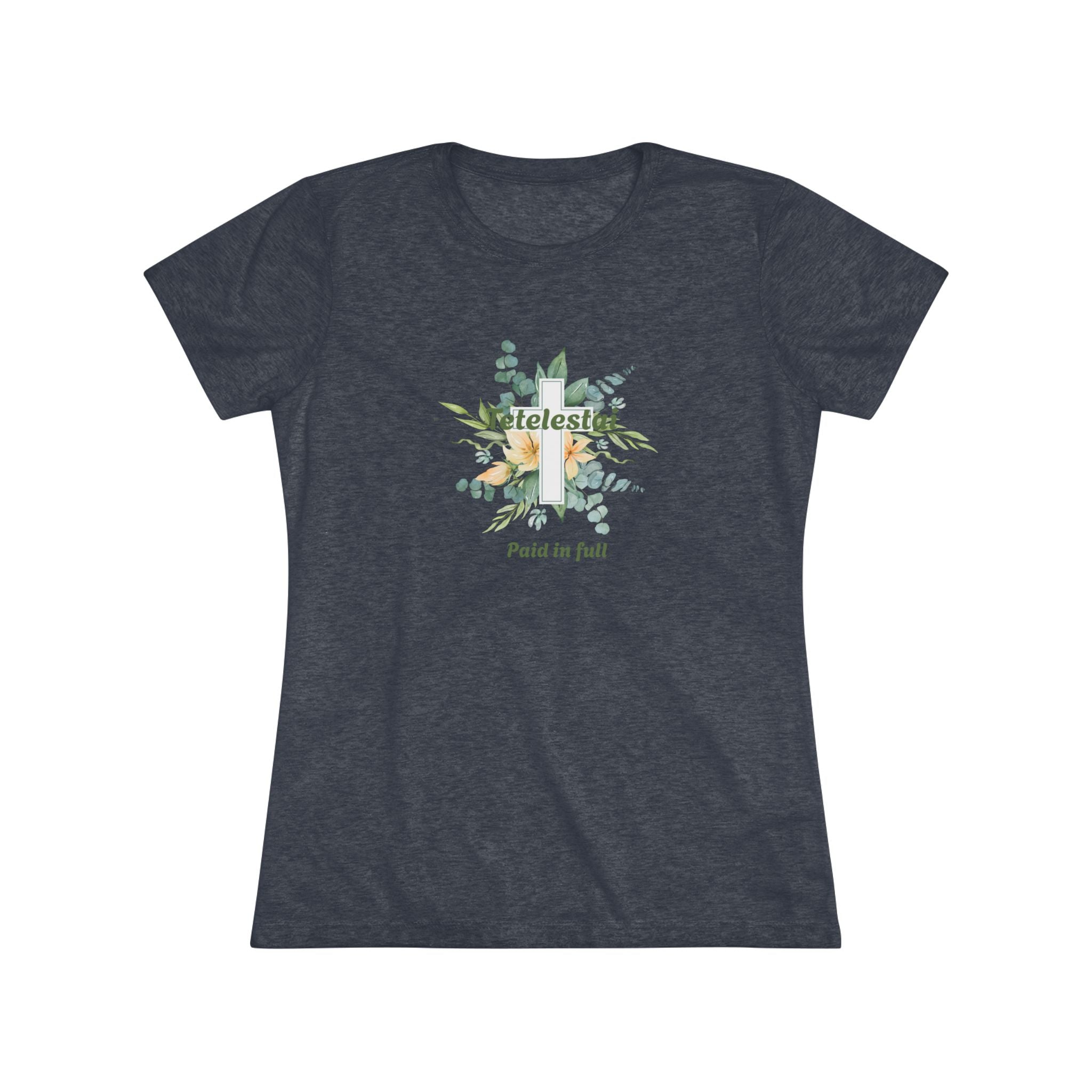 Christian Women's Tee — "Paid in Full" Tetelestai Floral Cross Faith T-Shirt