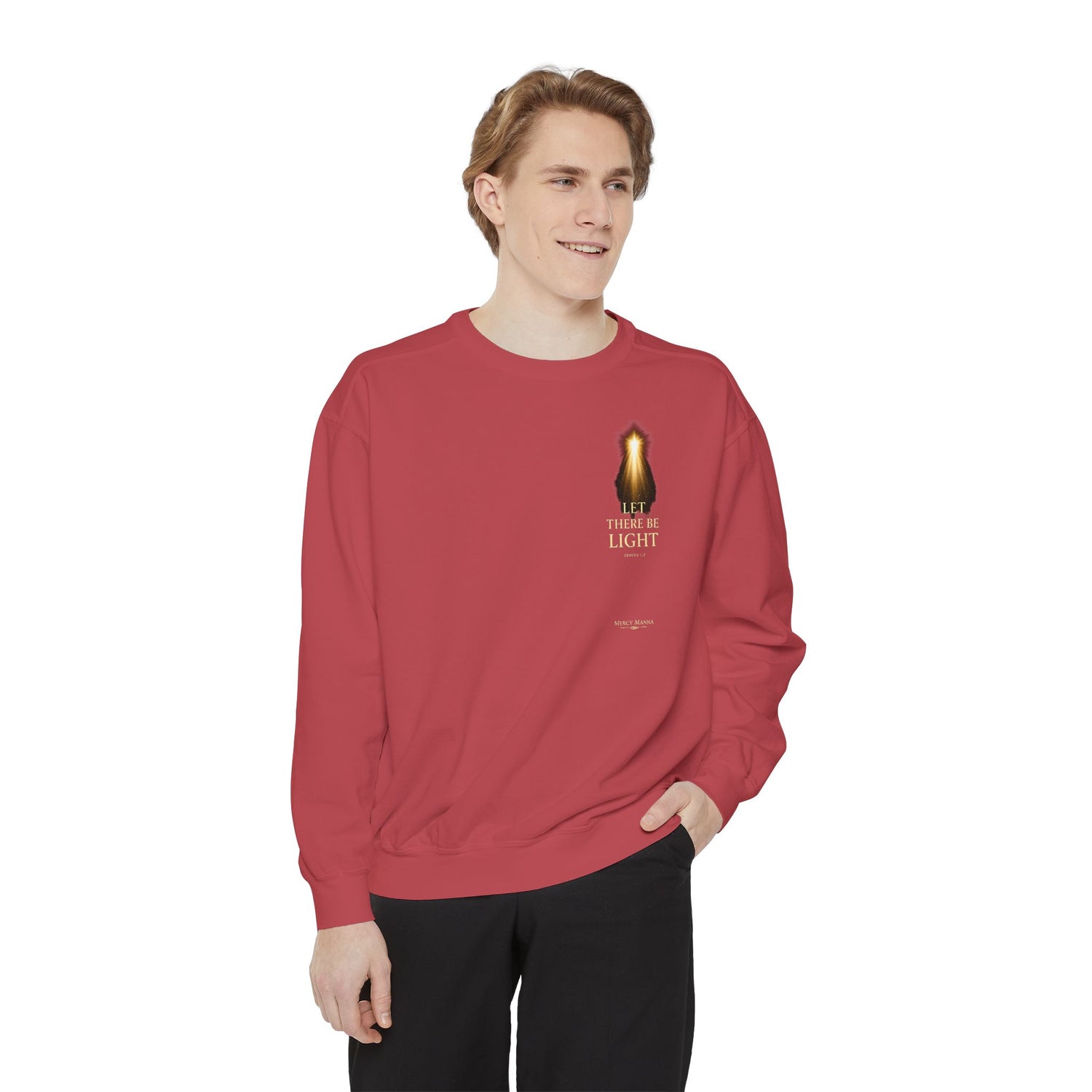 "Let There Be Light" Genesis 1:3 Graphic Crewneck Sweatshirt — Unisex Cozy Fleece Pullover