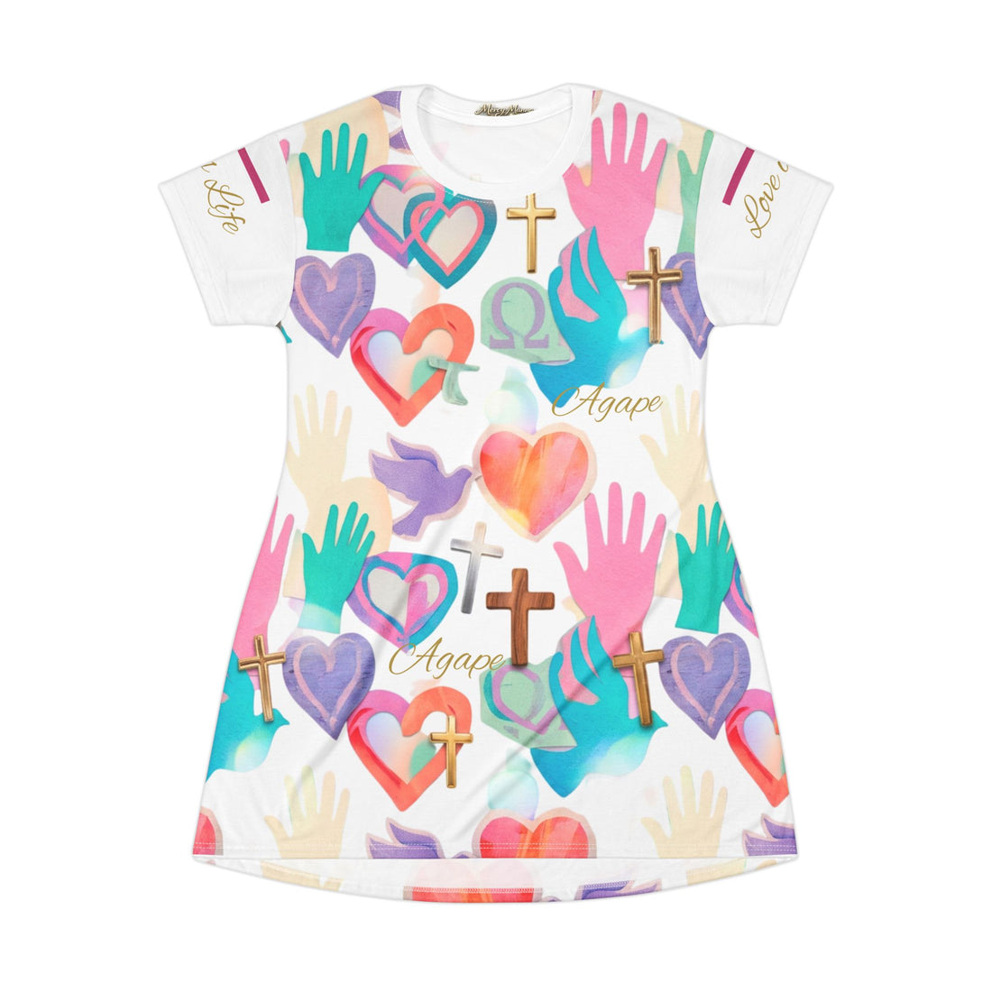 "Love is Life" Cross, Dove &amp; Heart All-Over Print T-Shirt Dress — Women&