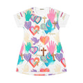 Christian T-Shirt Dress — "Love is Life" Agape Cross, Dove & Heart All-Over Print