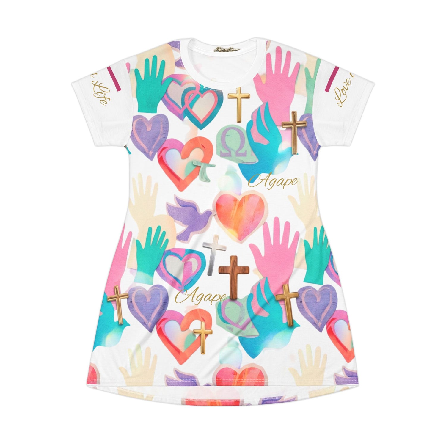 "Love is Life" Cross, Dove &amp; Heart All-Over Print T-Shirt Dress — Women&