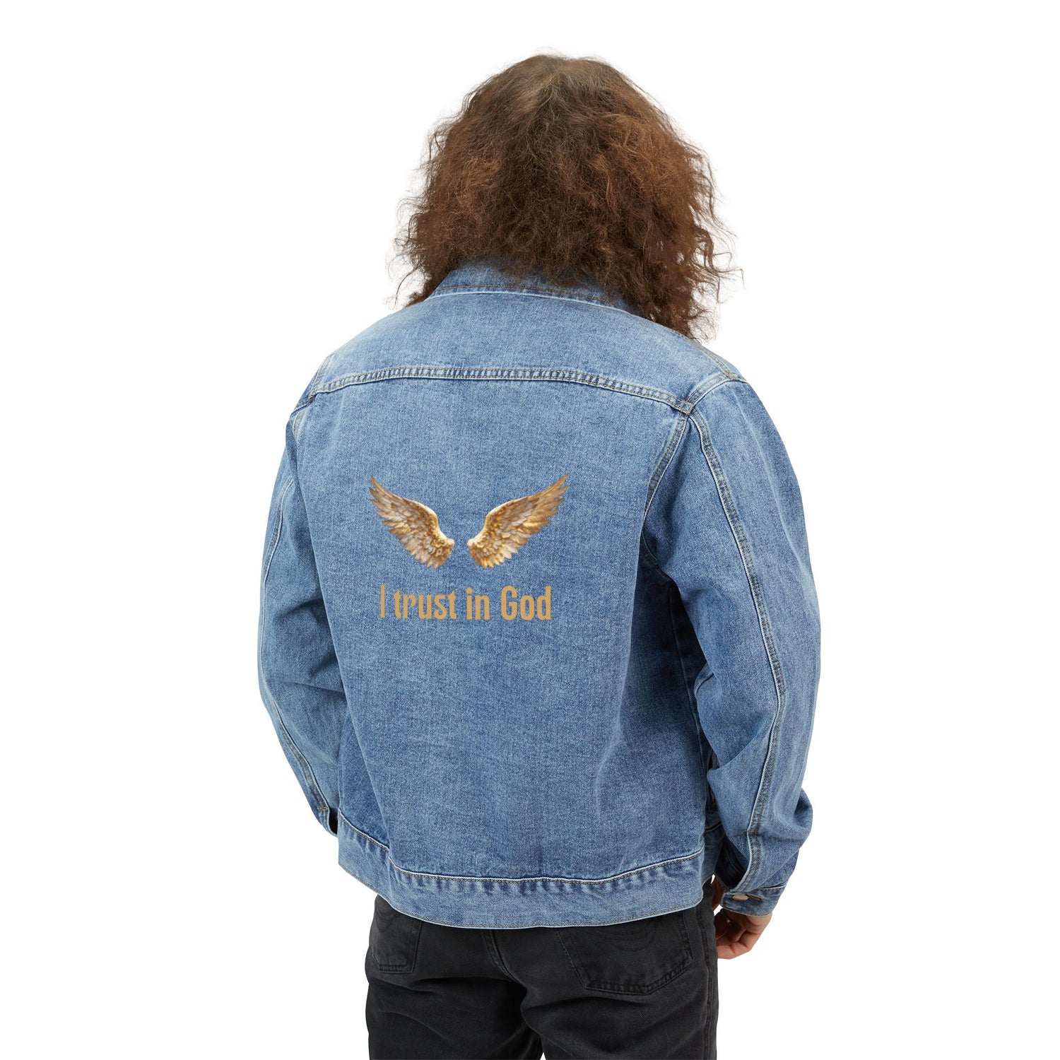 "Trust in God" Gold Wings Embroidered Denim Jacket — Men&