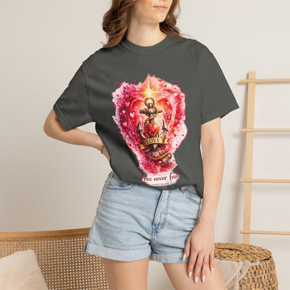 "Love Never Fails" Anchor Heart Graphic Tee — Unisex Cotton T-Shirt