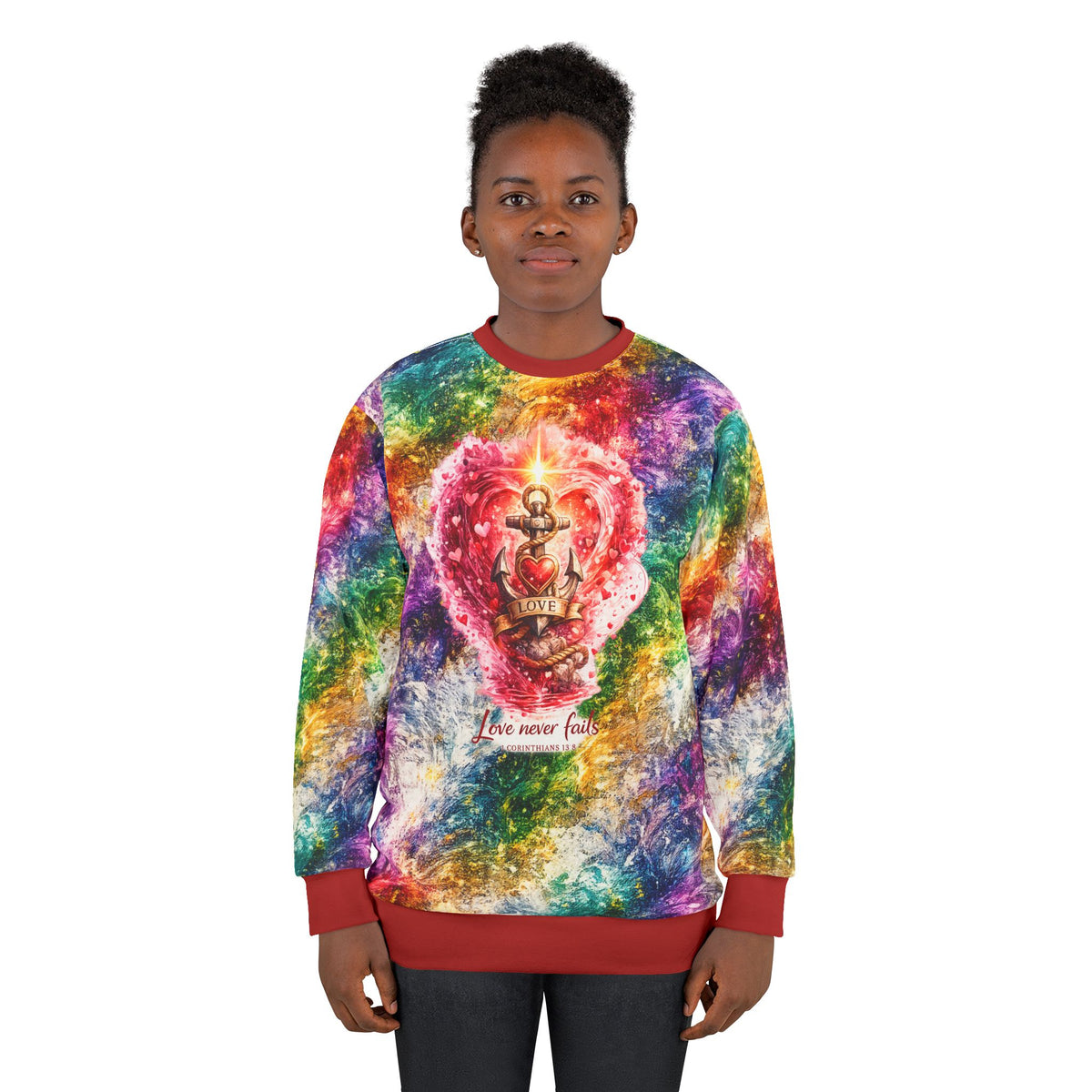 Tie-Dye Heart Anchor Sweatshirt — "Love Never Fails" Colorful All-Over Print