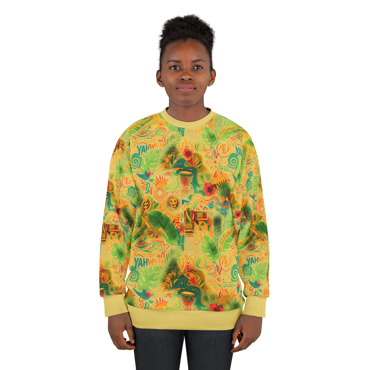 Tropical Reggae All-Over Print Sweatshirt — Vibrant Jamaican Vibes ("Yahweh ")