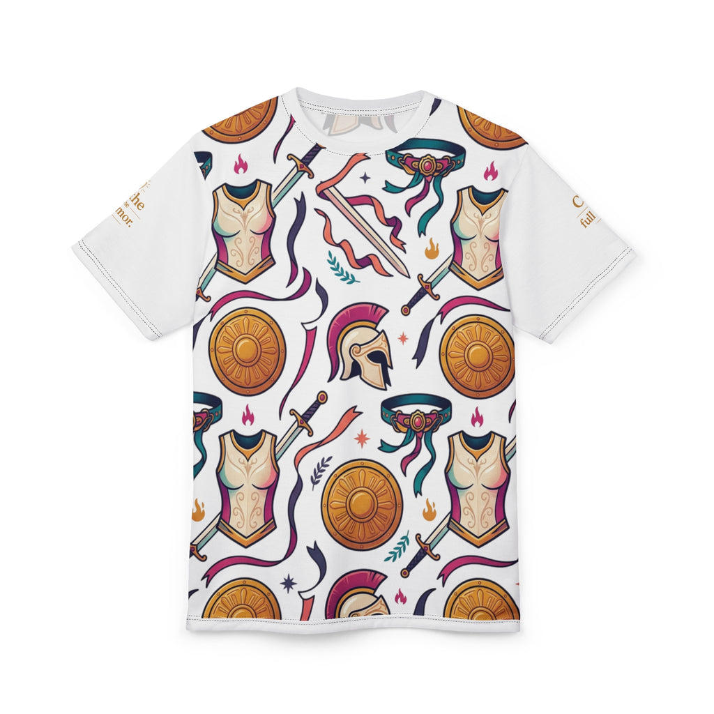 Warrior Armor(Ephesians 6:11) Pattern Tee — Greek Helmet, Shield & Sword All-Over Print