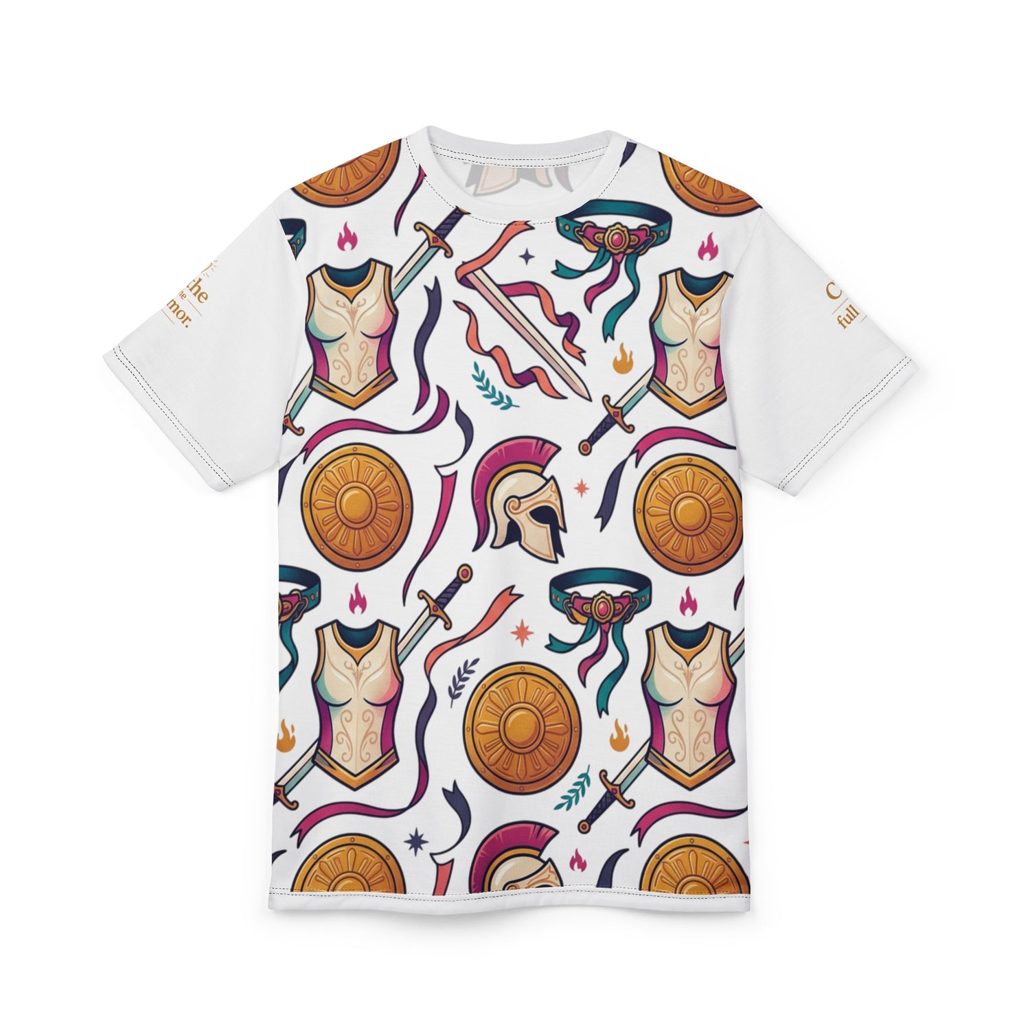 Greek Helmet, Shield &amp; Sword All-Over Print Tee — Unisex Graphic T-Shirt