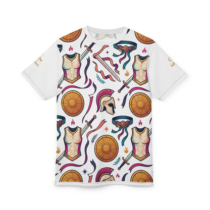 Greek Helmet, Shield &amp; Sword All-Over Print Tee — Unisex Graphic T-Shirt