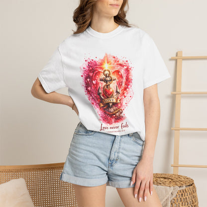 "Love Never Fails" Anchor Heart Graphic Tee — Unisex Cotton T-Shirt