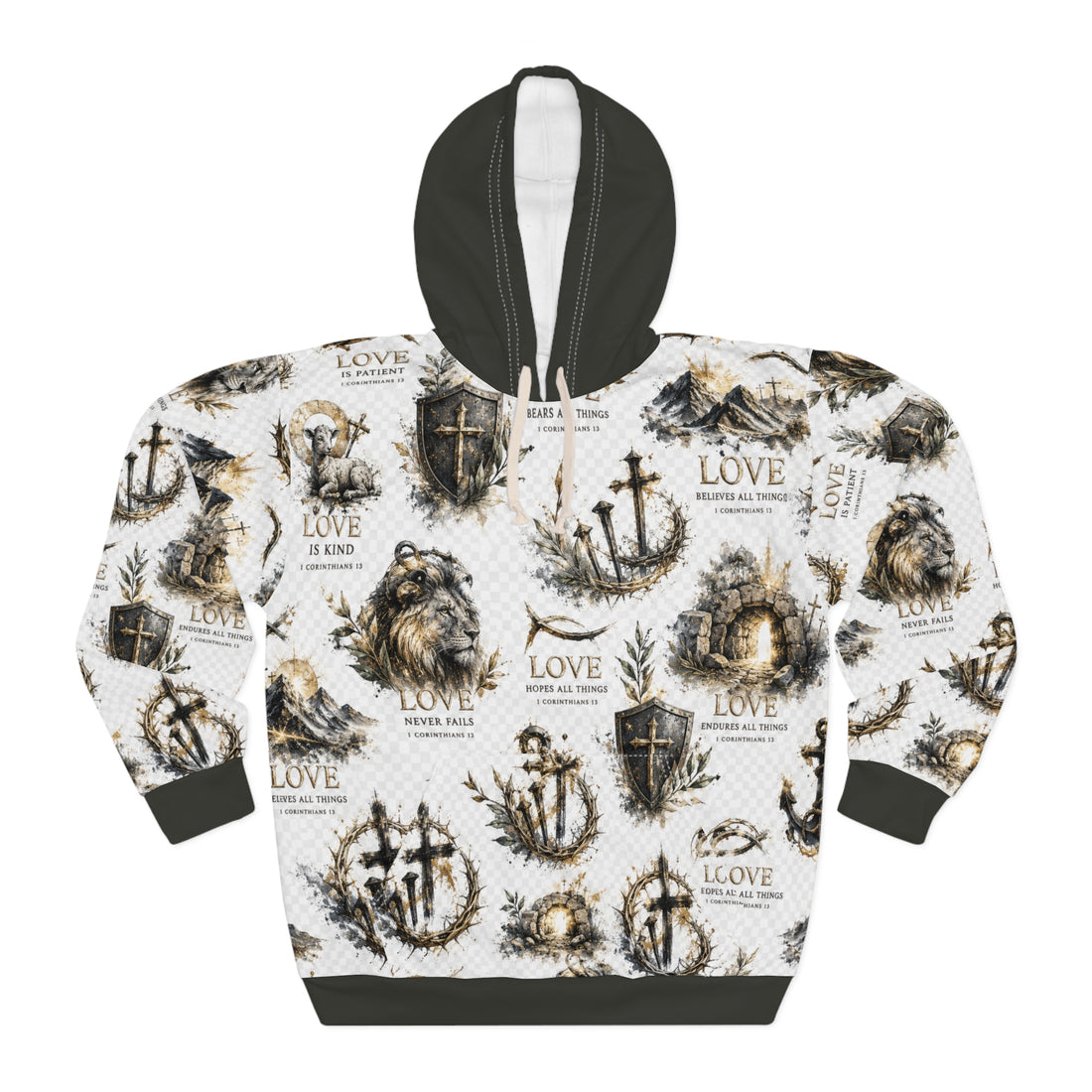 Lion & Cross All-Over Print Hoodie — Unisex Pullover