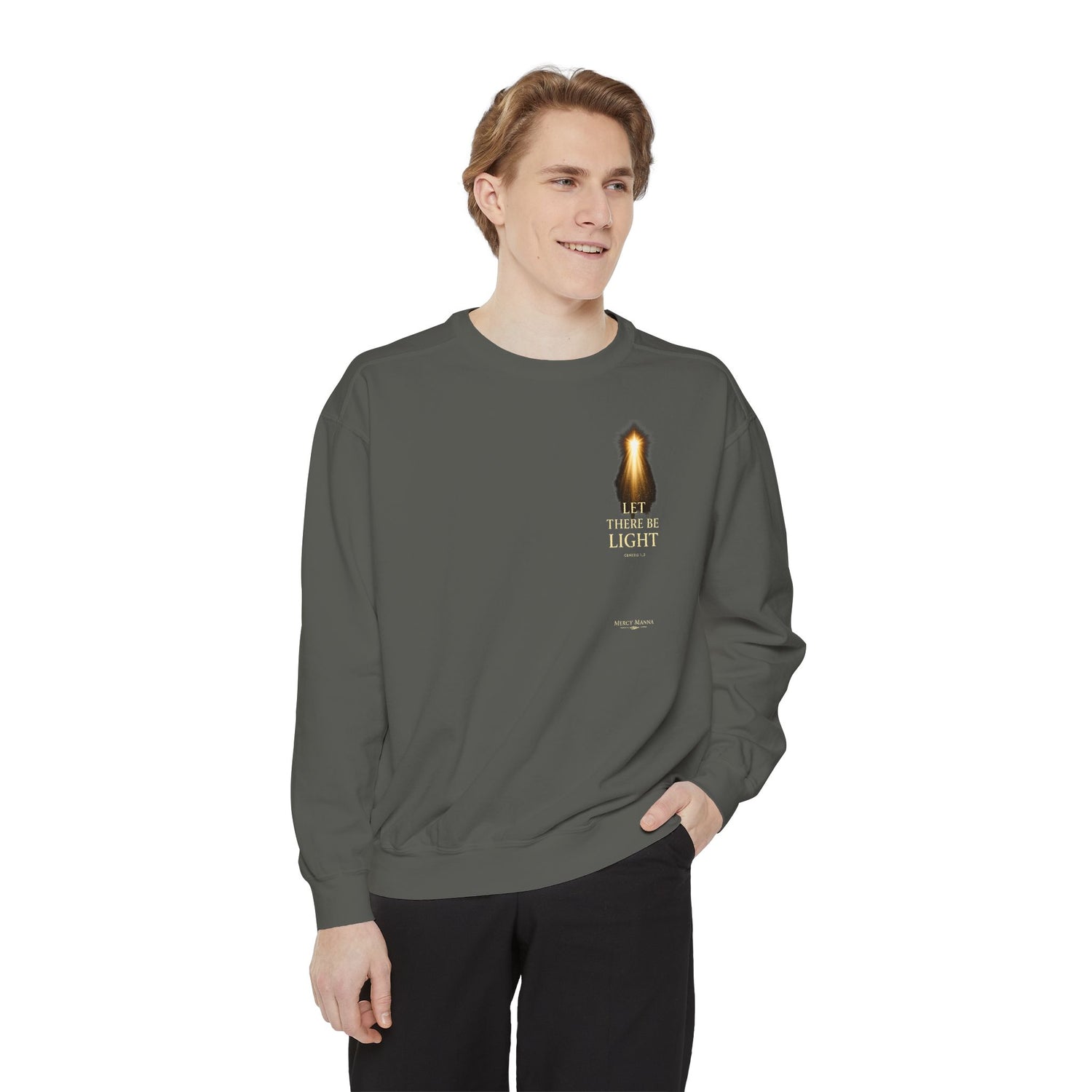 "Let There Be Light" Genesis 1:3 Graphic Crewneck Sweatshirt — Unisex Cozy Fleece Pullover