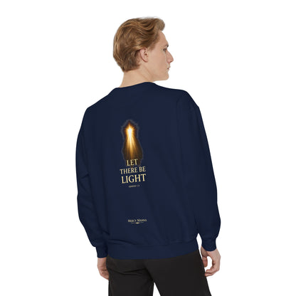 "Let There Be Light" Genesis 1:3 Graphic Crewneck Sweatshirt — Unisex Cozy Fleece Pullover