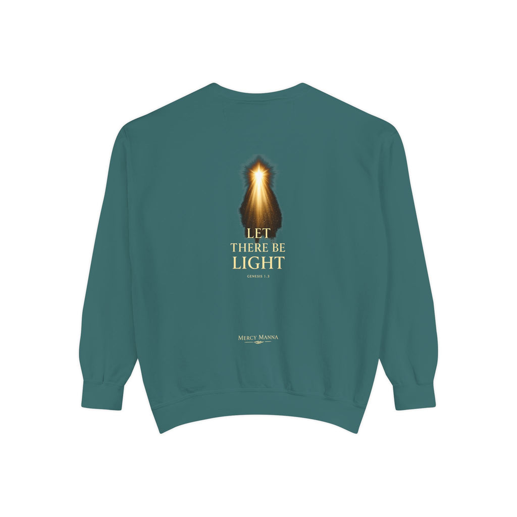 Christian Crewneck Sweatshirt — "Let There Be Light" Cozy Religious Light Figurine Sweatshirt