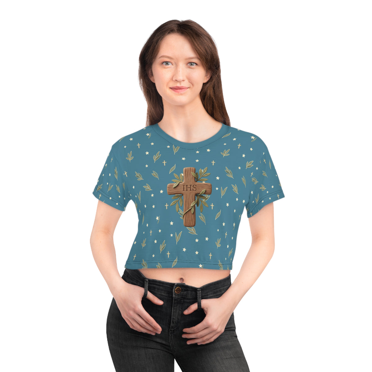 Crop Tee — Wood Cross "IHS" Olive Pattern