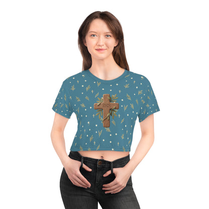Crop Tee — Wood Cross "IHS" Olive Pattern