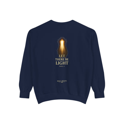"Let There Be Light" Genesis 1:3 Graphic Crewneck Sweatshirt — Unisex Cozy Fleece Pullover