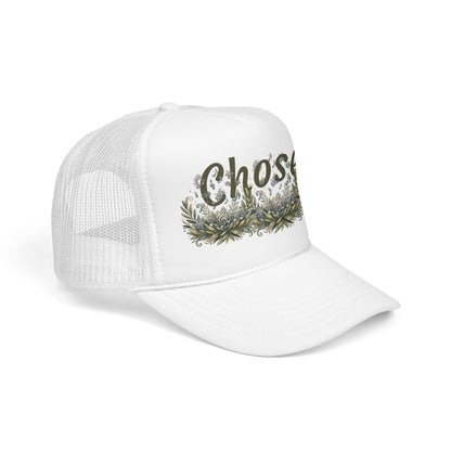 "Chosen" Floral Script Embroidered Trucker Hat — Adjustable Foam Cap